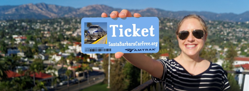 Woman holding up a train ticket with Santa Barbara Car Free